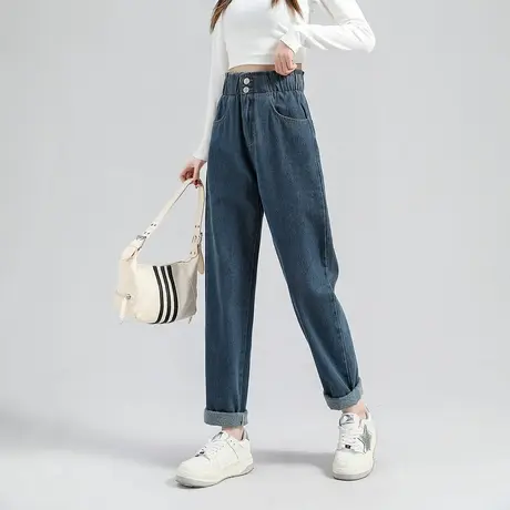 唐狮春季新款牛仔裤女高腰哈伦裤松紧腰直筒显瘦复古通勤裤子WTD图片