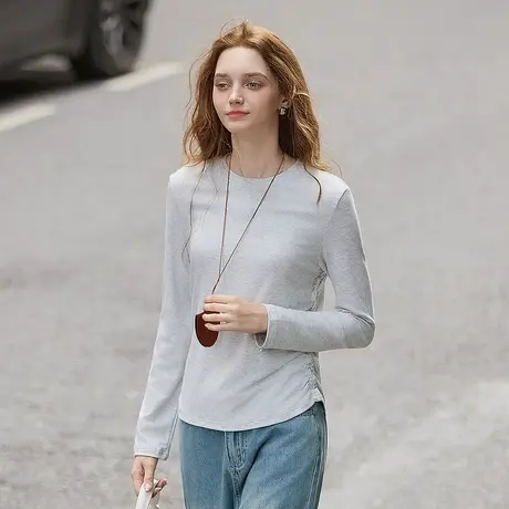 唐狮春秋季打底衫女长袖净色圆领套头修身收腰设计感独特显瘦tuTA图片