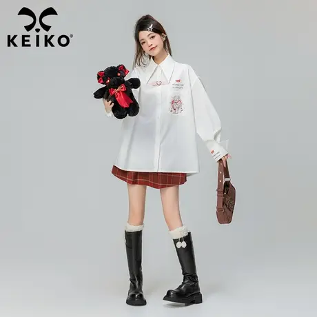 KEIKO 甜美风印花白色衬衫女2023秋冬韩系少女感外穿内搭长袖上衣商品大图