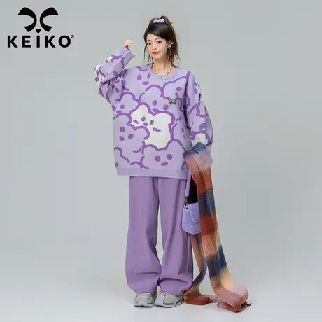 KEIKO 紫色卡通提花毛衣女加厚2023秋冬日系慵懒宽松套头针织上衣图片