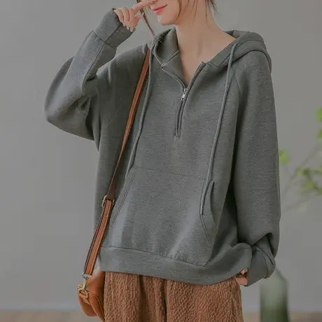 dza 复古宽松纯棉连帽卫衣女士秋冬长袖外套休闲半拉链运动短上衣图片