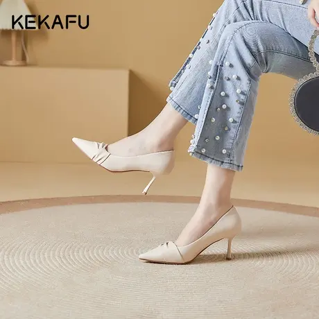 珂卡芙细跟尖头单鞋女2023年秋季新款浅口女鞋小众法式白色高跟鞋图片