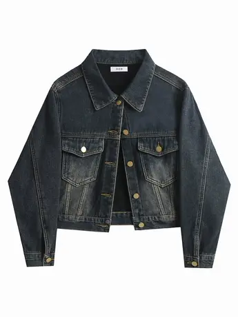加绒牛仔外套女短款秋冬美式复古百搭小个子加厚夹克做旧正肩上衣商品大图