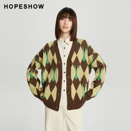 红袖outlets亮丝格纹V领针织衫hopeshow2023冬款设计感慵懒开衫图片