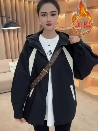 欧货拼色连帽夹棉冲锋衣外套女秋冬新款设计感加厚防风夹克上衣潮商品大图
