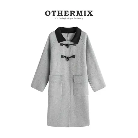 othermix拼接翻领羊毛大衣女2023冬新款设计感双排扣毛呢大衣外套图片