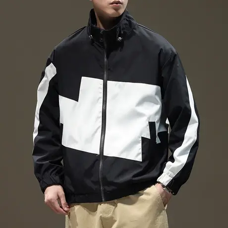 潮牌撞色痞帅长袖棒球服秋冬季男士黑色立领夹克外套春秋款上衣服商品大图