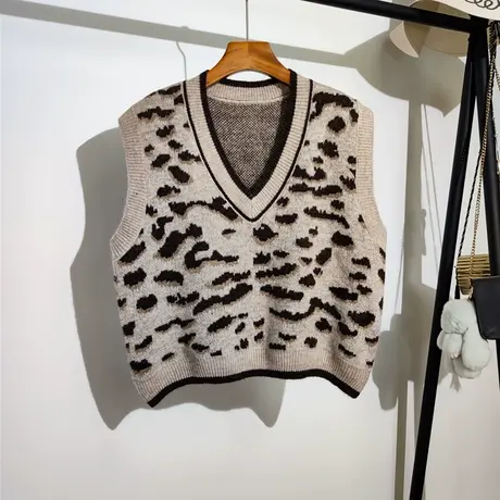 豹纹针织衫马甲背心女秋冬2023新款宽松v领叠穿无袖毛衣坎肩外穿商品大图
