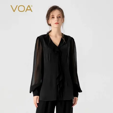 VOA30姆米桑蚕丝重磅墨黑V领衬衫袖不对称设计拼接乔其真丝T恤图片