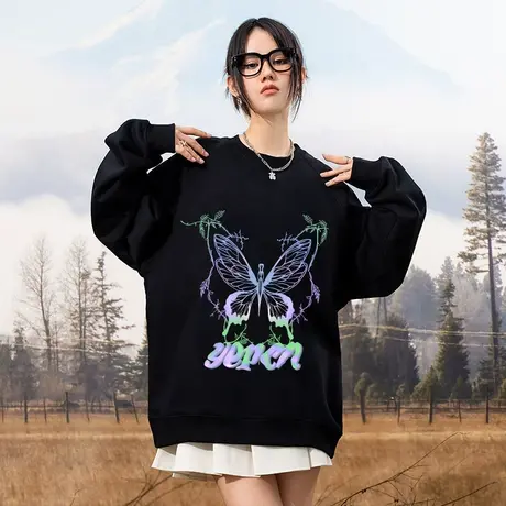 YEP炫彩反光黑色卫衣女蝴蝶春秋ins潮牌宽松套头圆领原创小众上衣商品大图