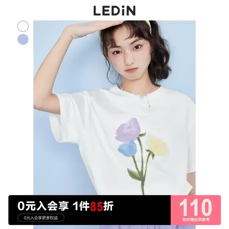 乐町花朵上衣女体恤休闲夏季新款休闲宽松简约白色短袖T恤女图片