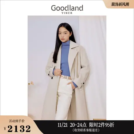【100绵羊毛】Goodland美地女装冬季中长款翻领毛呢大衣外套商品大图