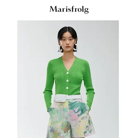 Marisfrolg/玛丝菲尔春季新款绿色V领微弹单排扣毛衣针织衫商品大图