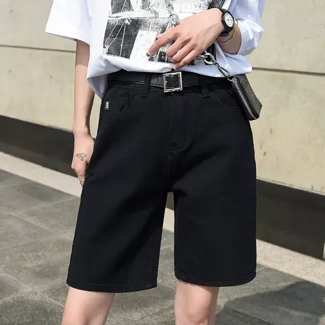 牛仔短裤女宽松直筒2025年夏季ins潮高腰港味大码黑色中裤五分裤图片