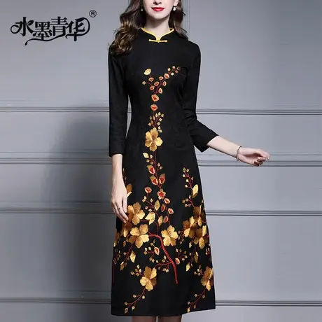 【1件7.9折】秋季新品复古修身A字裙简约中长绣花复合蕾丝连衣裙图片