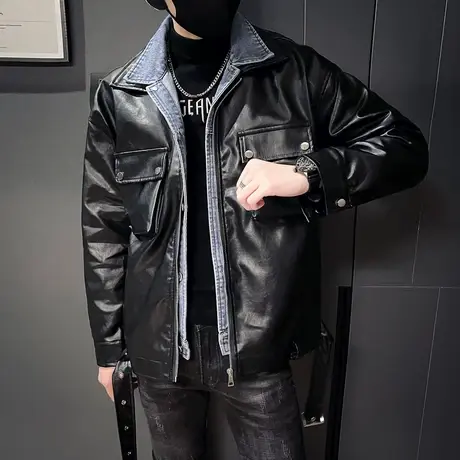 男皮衣冬季新款ins潮牌时尚修身潮流拼接机车潮流假两件休闲外套图片