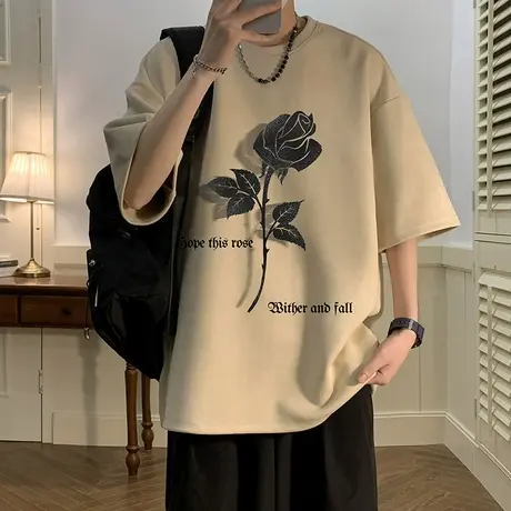 重磅短袖T恤男夏季玫瑰花印花半袖美式潮牌oversize情侣设计上衣商品大图