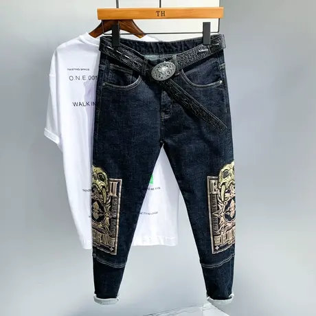 2021夏季长裤潮男士刺绣牛仔裤男裤潮牌修身休闲小脚裤子男生潮流商品大图