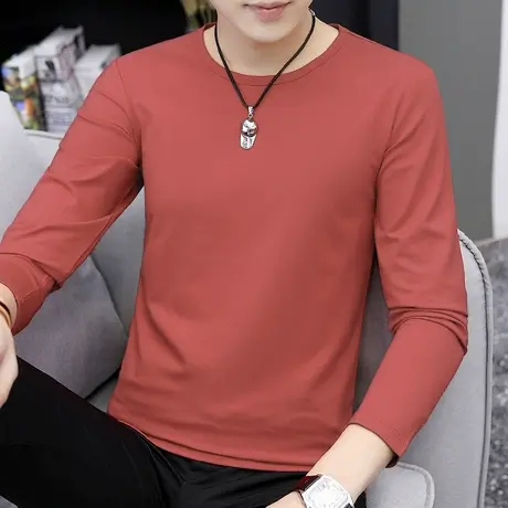 莫代尔秋季长袖t恤男装2023新款圆领上衣服纯色潮流ins内搭打底衫商品大图