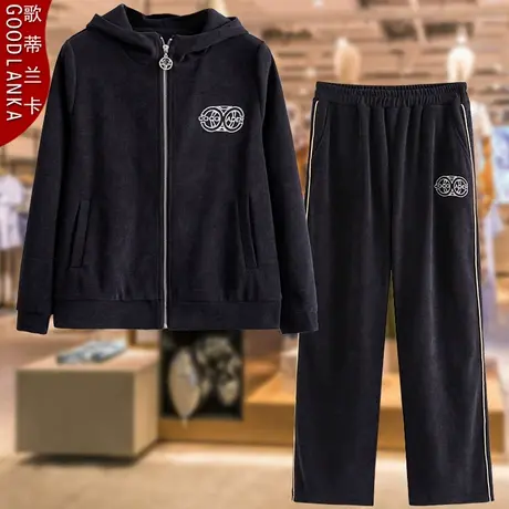 大码中年妈妈春秋开衫卫衣两件套洋气时尚休闲连帽金丝绒运动套装商品大图