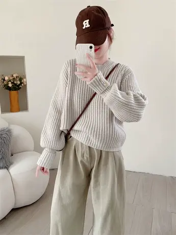 温柔风粗线加厚套头毛衣女秋冬2023年新款韩版宽松百搭设计感上衣商品大图