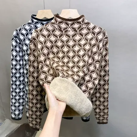 2023冬新款半高领一体绒毛衣女套头加绒加厚提花针织衫保暖打底衫图片