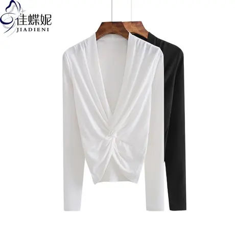 春秋新款韩版低V领宽松休闲长袖体恤上衣内搭女打底衫纯色简约T恤商品大图