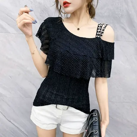 性感露肩名媛气质女装时尚荷叶边T恤女短袖夏潮洋气百搭网纱上衣商品大图