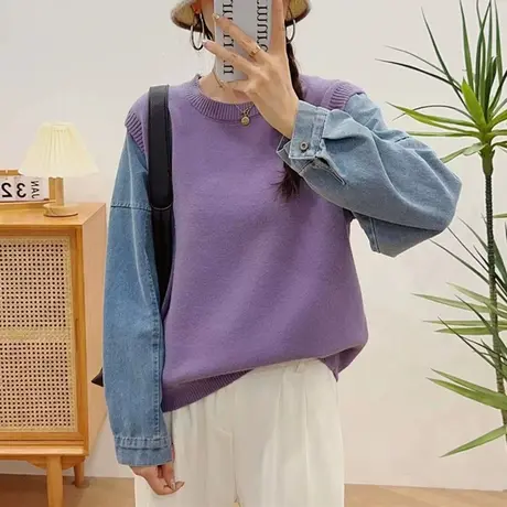 假两件针织上衣女士牛仔袖2024秋冬季新款慵懒风打底衫宽松百搭商品大图