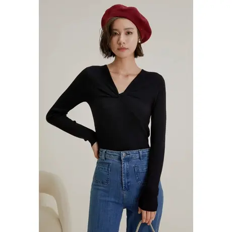 弥古黑色针织衫长袖修身v领扭结上衣女秋季内搭毛衣打底衫高级感商品大图