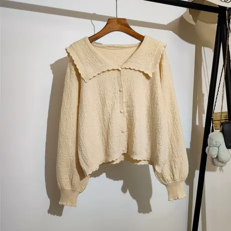 海军领针织开衫上衣女早秋新款韩版宽松显瘦百搭薄款温柔毛衣外套商品大图