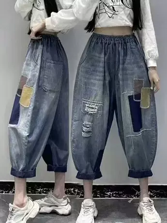 夏季新品爆款2023时尚宽松哈伦个性休闲百搭阔腿七分裤牛仔垮裤潮商品大图