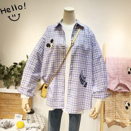 2020秋季长袖上衣韩国东大门格子衬衣卡通印花原宿风港味休闲衬衫图片