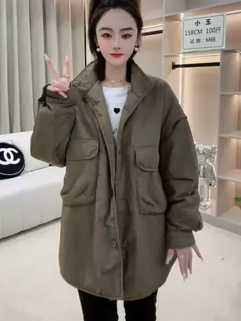 秋冬新款韩版时尚宽松大口袋薄棉服外套百搭显瘦中长款休闲上衣潮图片