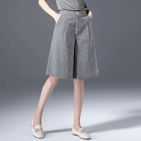 高腰a字短裤女夏薄款五分2024新款黑白格子裤夏季阔腿中裤六分裤图片