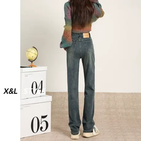 复古高腰直筒牛仔裤女秋冬季2023新款显瘦设计感窄版阔腿烟管裤子图片