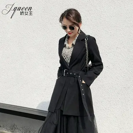 特价黑色西装外套女春秋小个子时尚收腰系带修身中长款休闲小西服图片