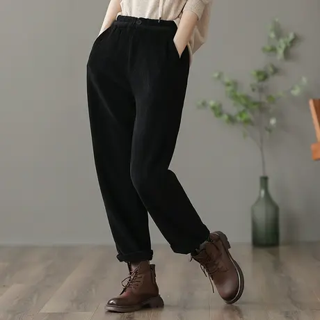 dza 高腰灯芯绒裤子女秋冬加厚外穿长裤宽松阔腿裤直筒休闲加绒裤图片