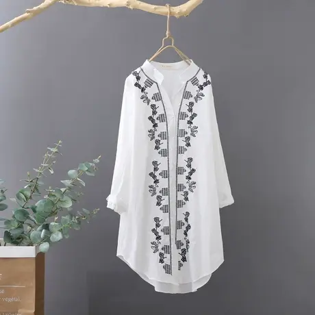原创文艺范民族风中长款套头衬衫裙女长袖宽松刺绣休闲衬衣打底衫商品大图