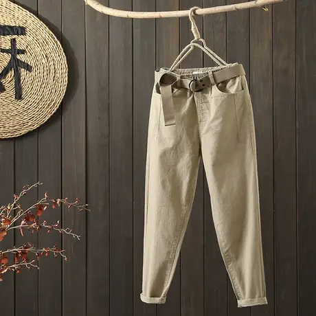 枫谜2021年秋装新款文艺简约全棉休闲长裤女宽松显瘦百搭哈伦裤图片