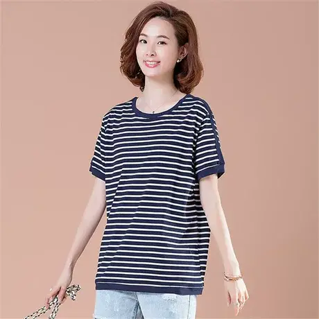 条纹短袖T恤女全棉夏季加肥加大码女装宽松显瘦中年妈妈圆领体恤图片