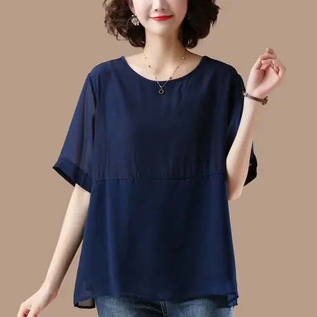 雪纺衫女夏季加肥加大码女装上衣宽松中年胖妈妈遮肚显瘦短袖小衫商品大图