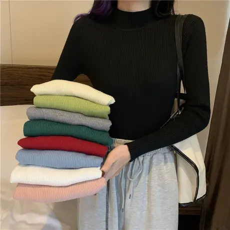 长袖针织衫上衣女设计感修身半高领2022秋季新款黑色内搭打底衫女图片
