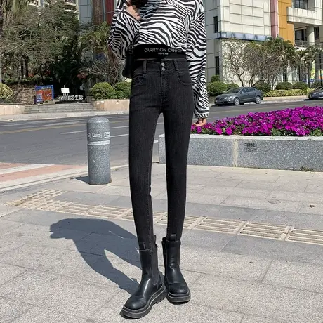 春秋高腰牛仔裤女2023年新款显瘦烟灰色修身紧身小脚加绒秋季裤子图片