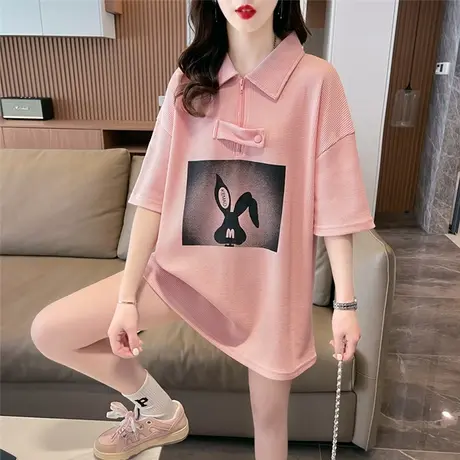 翻领华夫格短袖t恤女夏装韩版宽松中长款设计感小众半袖上衣服潮图片