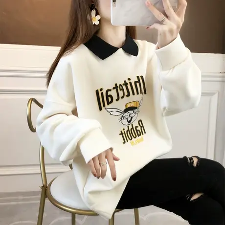 设计感小众翻领polo衫卫衣女秋冬韩版宽松加绒加厚假两件上衣外套图片