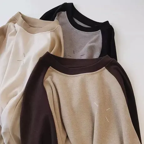 韩版宽松撞色插肩袖T恤女秋冬季德绒加厚加绒内搭长袖上衣打底衫商品大图