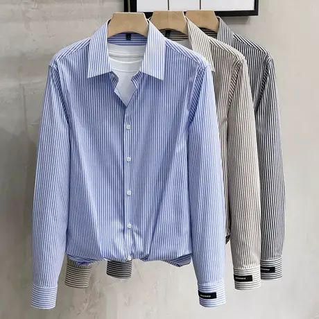 条纹高级感衬衫男士长袖2023春秋季新款翻领韩版宽松日系设计衬衣商品大图