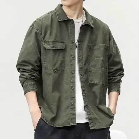 潮流工装衬衫外套纯色百搭衬衫痞帅衬衣高级感百搭长袖衬衫男款图片