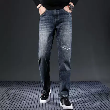 破洞补丁宽松牛仔裤男秋冬款2023新款休闲弹力复古蓝色男士裤子商品大图